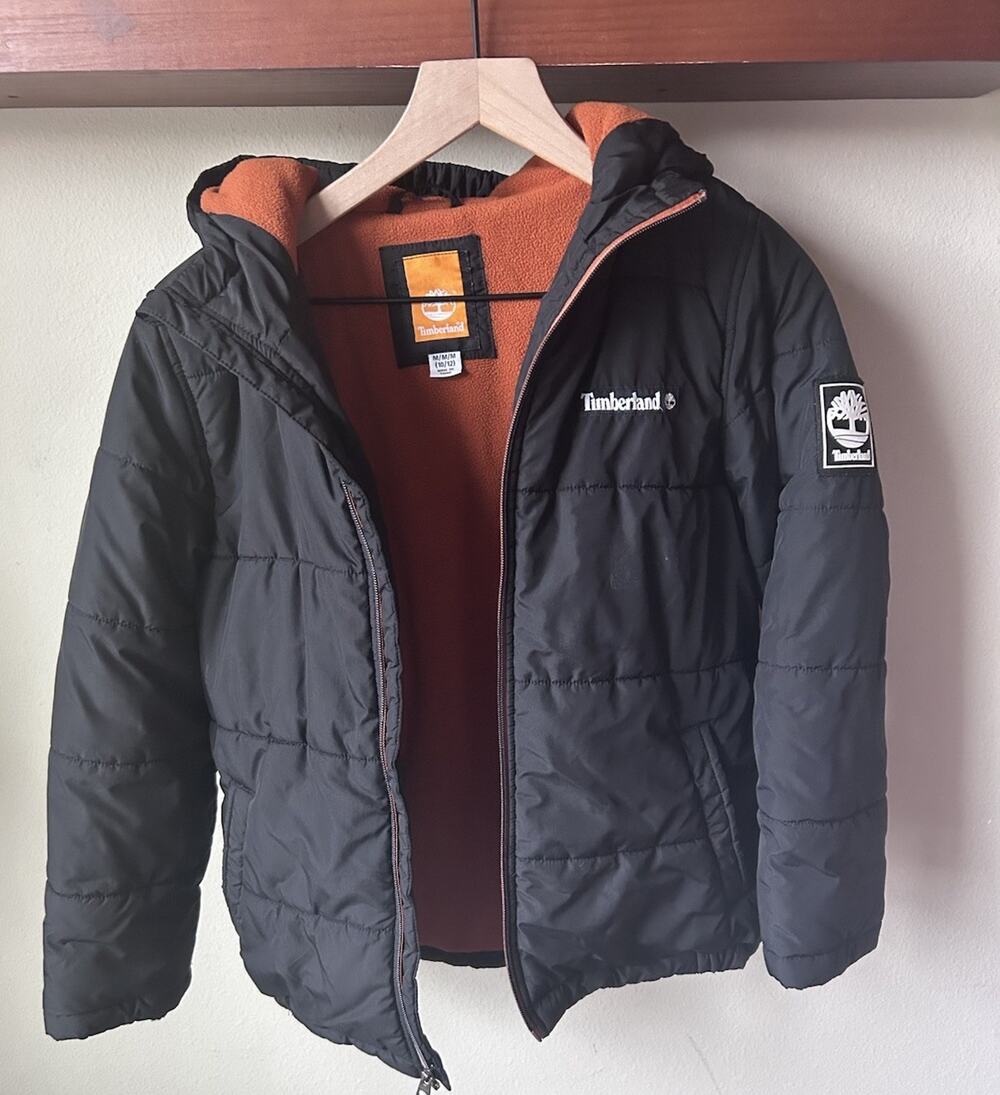 Timberland Boys Black Hooded Puffer Jacket Insulated Fleece Lined M 10/12